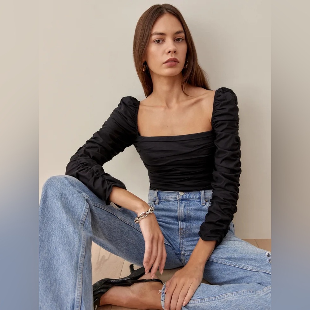 Reformation Black Ruched Blouse